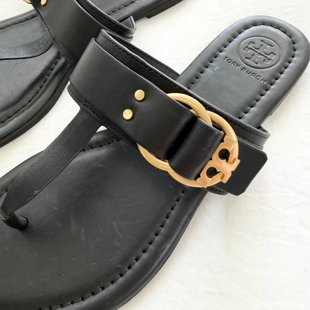 Tory Burch Marsden Black Leather Gold Logo Flat Thong Sandals Size 6.5